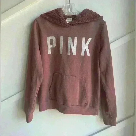 Victoria Secret Pink Glitter Logo Sherpa Lined Rose Pink Hoodie  S - Picture 3 of 7